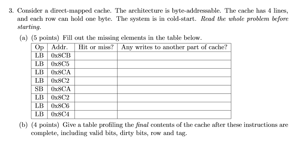 3. Consider a direct-mapped cache. The architecture is byte-addressable. The cache has 4 lines, and each row can hold one byt