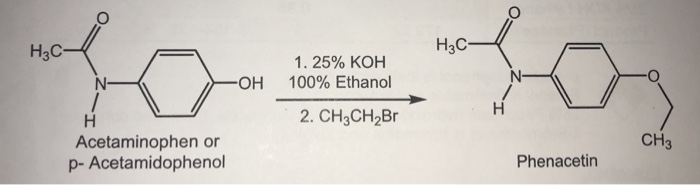 Hac- H3C 1.25% KOH 100% Ethanol OH 2. CH3CH2Br CH3 Acetaminophen or p- Acetamidophenol Phenacetin