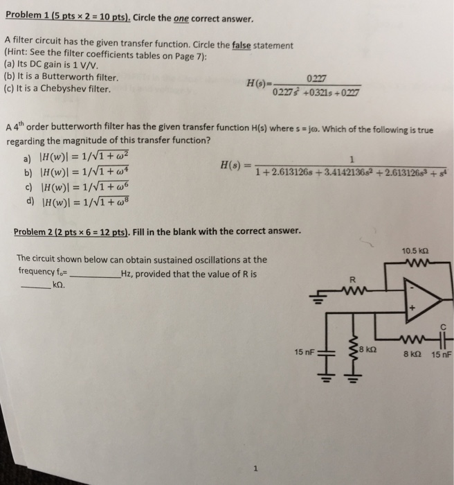 Solved Circuit Has The Given Transfer Function Circle Th Chegg Com