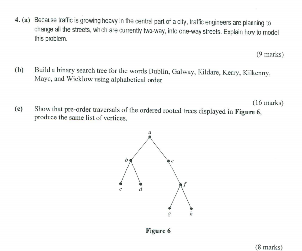 4. (a) Because traffic is growing heavy in the central part of a city, traffic engineers are planning to change all the streets, which are currently two-way, into one-way streets. Explain how to model this problem. (9 marks) Build a binary search tree for the words Dublin, Galway, Kildare, Kerry, Kilkenny, Mayo, and Wicklow using alphabetical order (b) (16 marks) (c) Show that pre-order traversals of the ordered rooted trees displayed in Figure 6 produce the same list of vertices. Figure 6 (8 marks)
