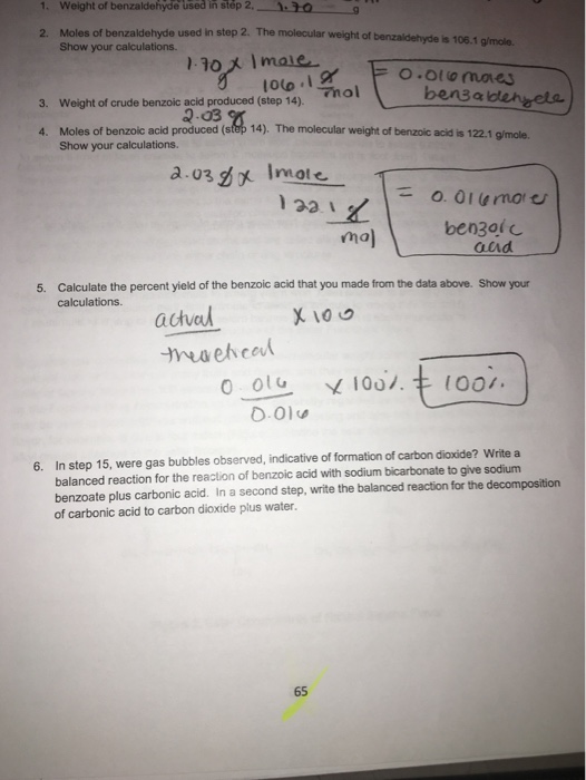 Solved 1 Weight Of Benzaldehydeusea In Stop 2 Hto G Us Chegg Com