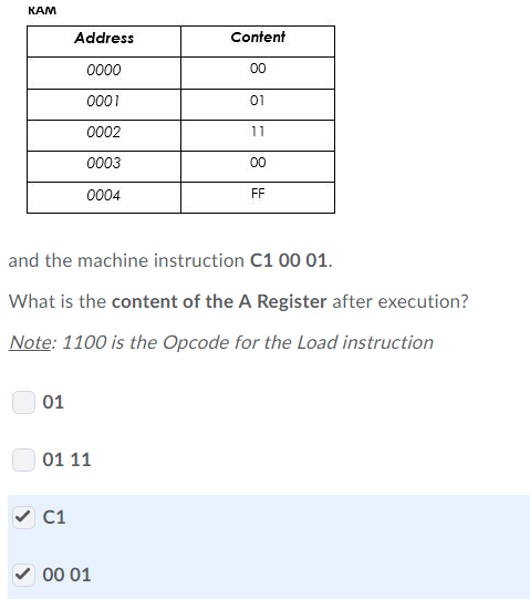 KAM Content Address 01 0001 0002 0003 0004 and the machine instruction C1 00 01 What is the content of the A Register after e