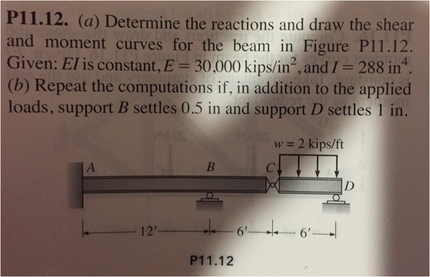 P11.12. (a) Determine the reactions and draw the shear and moment curves for the beam in Figure P11.12. Given: El is constant, E 30,000 kips/in2, and / 288 in (b) Repeat the computations if, in addition to the applied loads, support B settles 0.5 in and support D settles 1 in. w 2 kips/ft 12 6 6 P11.12