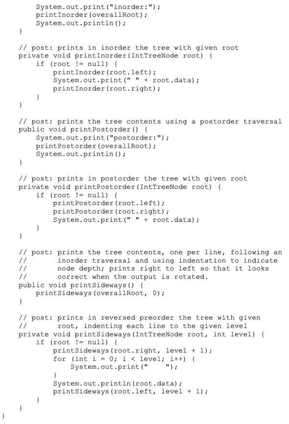 System.out.print (inorder:) printinorder (overallroot) system.out.println ); // post: prints in inorder the tree with given