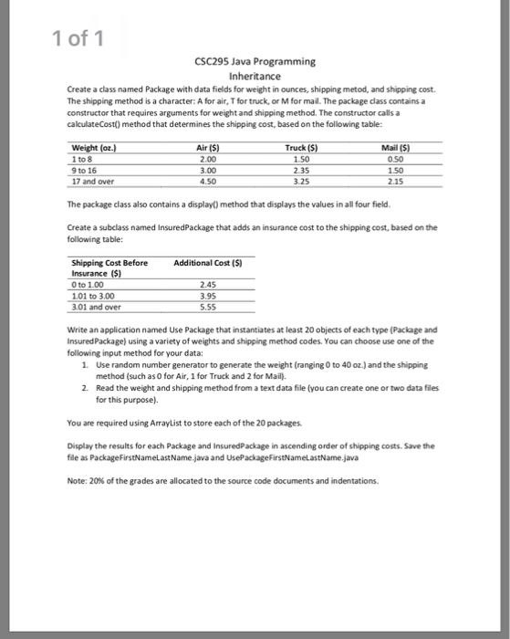 1 of 1 CSC295 Java Programming Inheritance Create a class named Package with data fields for weight in ounces, shipping metod