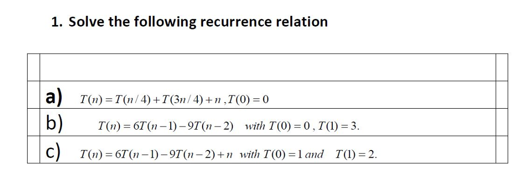 Solved 1 Solve The Following Recurrence Relation Aj T N Chegg Com