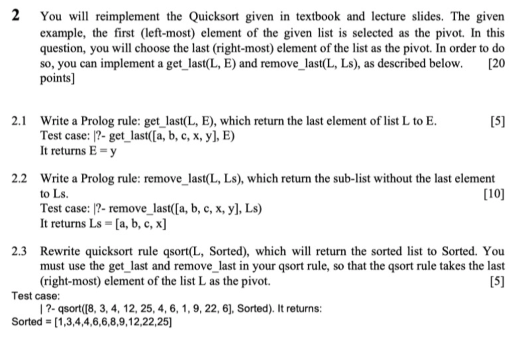 Solved 2 Wi Reimplement Quicksort Given Textbook Lecture Slides Given Example First Left Element Q
