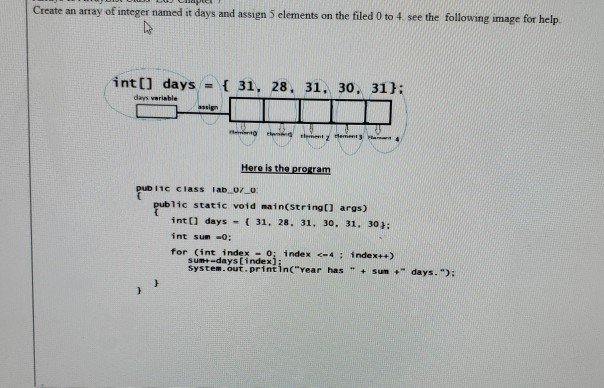 Create an array of integer named it days and assign 5 elements on the filed 0 to 4 see the following image for help. 31, 28,