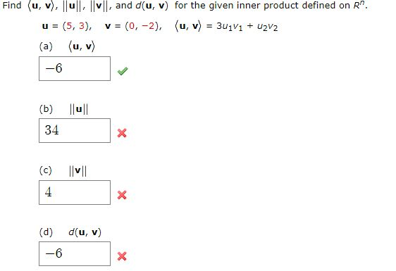 Solved Find U V Lu Vl And D U V For The Given Chegg Com