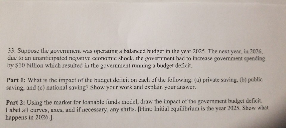 33. Suppose the government was operating a balanced budget in the year 2025. The next year, in 2026, due to an unanticipated negative economic shock, the government had to increase government spending by $10 billion which resulted in the government running a budget deficit. Part 1: What is the impact of the budget deficit on each of the following: (a) private saving, (b) public saving, and (c) national saving? Show your work and explain your answer. Part 2: Using the market for loanable funds model, draw the impact of the government budget deficit. Label all curves, axes, and if necessary, any shifts. [Hint: Initial equilibrium is the year 2025. Show what happens in 2026.].