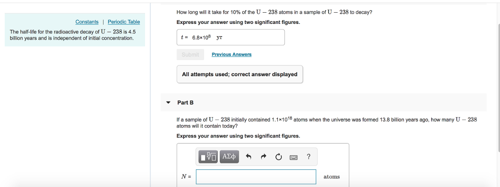 Solved If A Sample Of U 238 Initially Contained 1 1 1018 Chegg Com