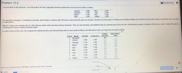 Problem 13.4 anuary1,400M 1,700 J computing the costs for January Shrough August 1ry 1,400 1300 2 Feoruary 1,001,300 March 1,