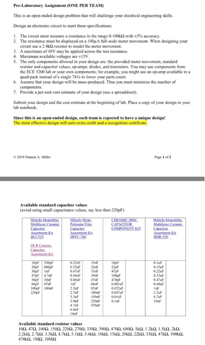 solved pre laboratory assignment (one per team) this is apre laboratory assignment (one per team) this is an open ended design