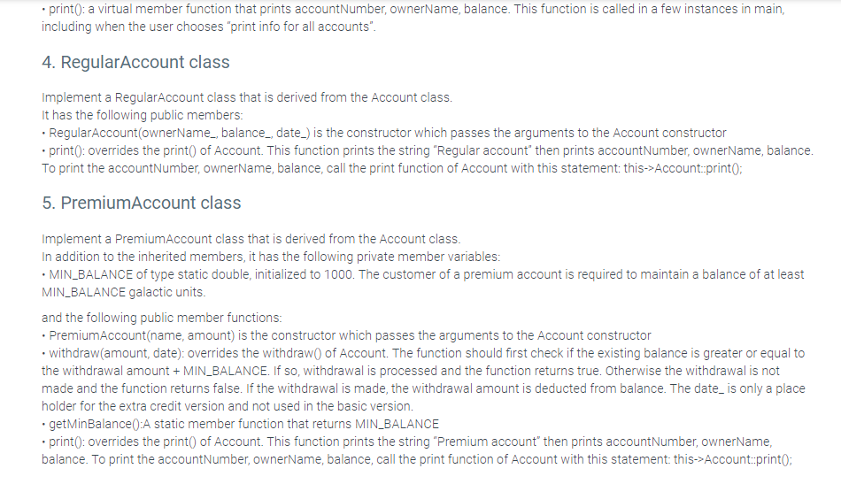 print0: a virtual member function that prints accountNumber, ownerName, balance. This function is called in a few instances i