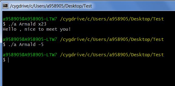 /cygdrive/c/Users/a958905/Desktop/Test a958905@A958905-LTW7 /cygdrive/c/users/a958905/Desktop/Test $ ./a Arnald x23 Hello, nice to meet you! a958905@A958905-LTW7/cygdrive/c/Users/a958905/Desktop/Test S./a Arnald -5 a958905@A958905-LTW7 /cygdrive/c/Users/a958905/Desktop/Test