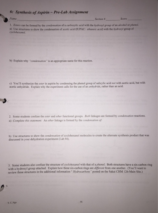 6 Synthesis Of Aspirin Pre Lab Assignment Name Chegg 