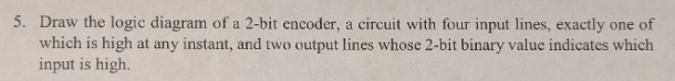 5. Draw the logic diagram of a 2-bit encoder, a circuit with four input lines, exactly one of which is high at any instant, a