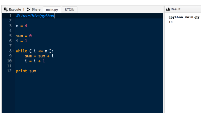 Execute 1Share main.py STDIN I.lI Result 1 #1/usr/bin/pythor n-4 sum = 0 $python main.py 10 3 5 i=1 8,while ( i <-n): sum = s