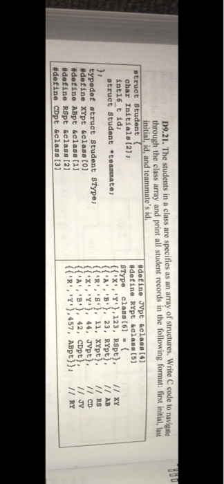 D9.21. The students in a class are specifies as an array of structures. Write C code to navigate through the class array and