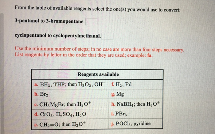 Solved From the table of available reagents select the