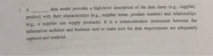 data model provides a high-level description of the data items (e.g, supplier product) with their characteristics (eg, supplier name. product number) and relationships eg. a supplier can supply products). It is a communication instrument between the information architect and business user to make sure the data requirements are adequately captured and modeled