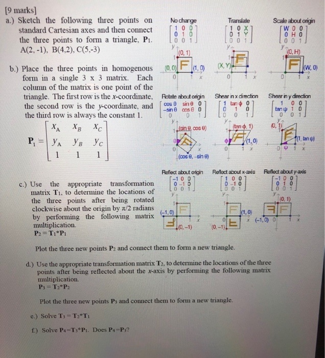 9 marks] a.) Sketch the following three points on Nochange Translale Scale about origin 「d 。 1 001 0 1 0 0 0 1 W 0 0 standard Cartesian axes and then connect the three points to form a triangle, P A(2.-1), B(4,2), C(5,-3) 0 1 Y 0 0 1 0 H 0 0 0 1 (0,1 0, H) b.) Place the three points in homogenous 0.0 K form in a single 3 x 3 matrix. Each column of the matrix is one point of the triangle. The first 

<div class=
