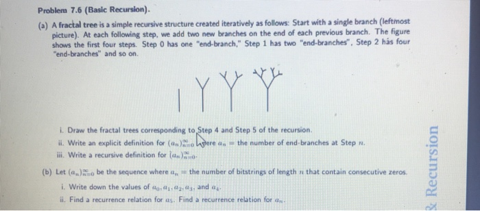 Problem 7.6 (Basic Recursion). (a) A fractal tree is a simple recursive structure created iteratively as follows: Start with