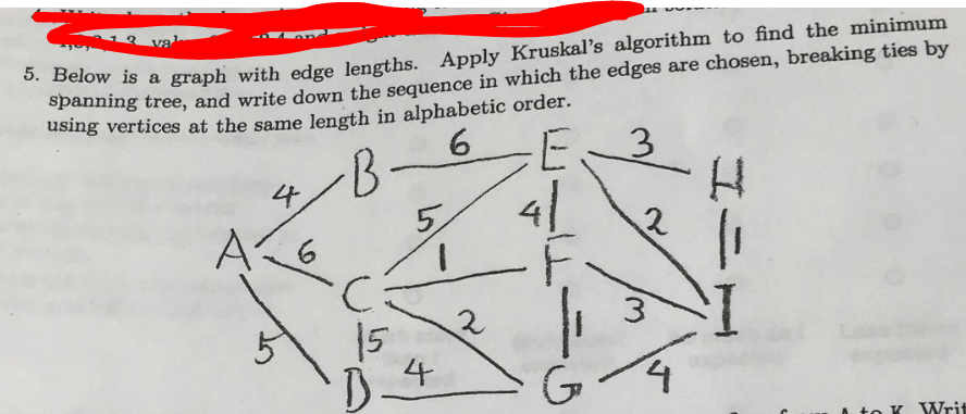 a graph with edge lengths. Apply Kruskals algorithm to find the minimum g tree, and write down the sequence in which the edg