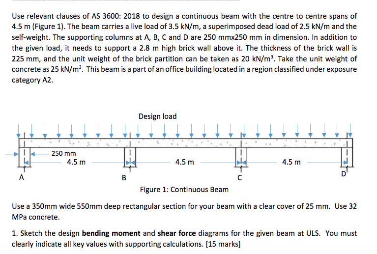 Use relevant clauses of as 3600: 2018 to design a continuous beam with the centre to centre spans of 4.5 m (figure 1). the be