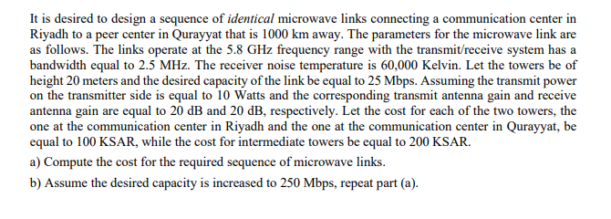 It is desired to design a sequence of identical microwave links connecting a communication center in Riyadh to a peer center
