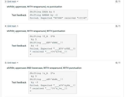 3: Unit test shiftStr, uppercase, WITH wraparound, no punctuation Shifting ZAZA by5 Test feedback Shifting ABBAH by -3 Failed