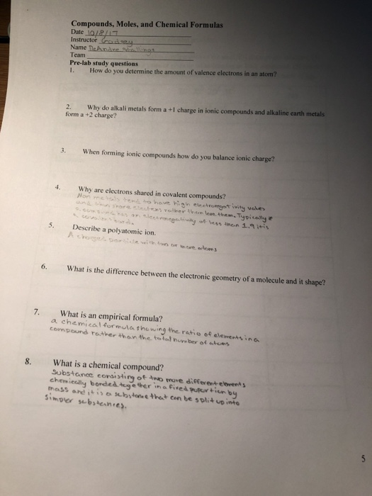 Solved Compounds Moles And Chemical Formulas Date 10 In Chegg Com