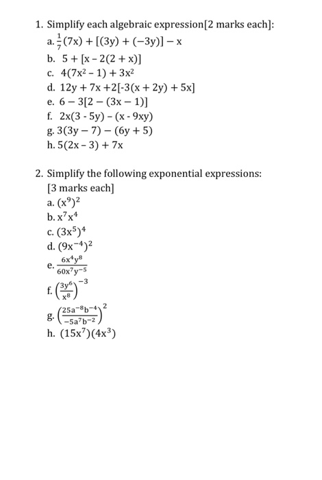 Solved 1 Simplify Each Algebraic Expression 2 Marks Each Chegg Com