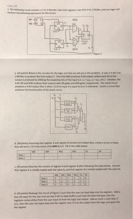 1 Class 35 1. The following circuit contains a 1 to-2 decoder, two 4-bit registers, two 4 bit 2-80-1 MUXes, and one logic uni