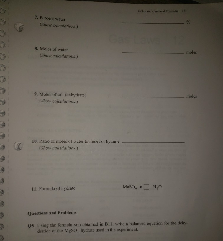 Moles And Chemical Formulas 131 7 Percent Water Chegg Com