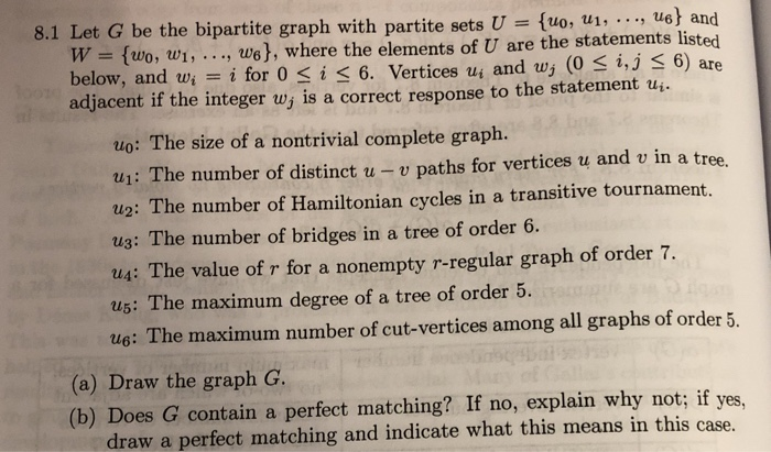 8.1 Let G be the bipartite graph with partite sets U [uo, u: ust and = {wo, w!, . . ., us), where the elements of U are the