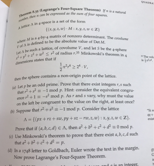 SOLVED: 8.35 (Lagrange's Four-Square Theorem) If n is a natural number, it  can be expressed as the sum of four squares. A lattice in 4-space is a set  of the form (x,y,z,w) 