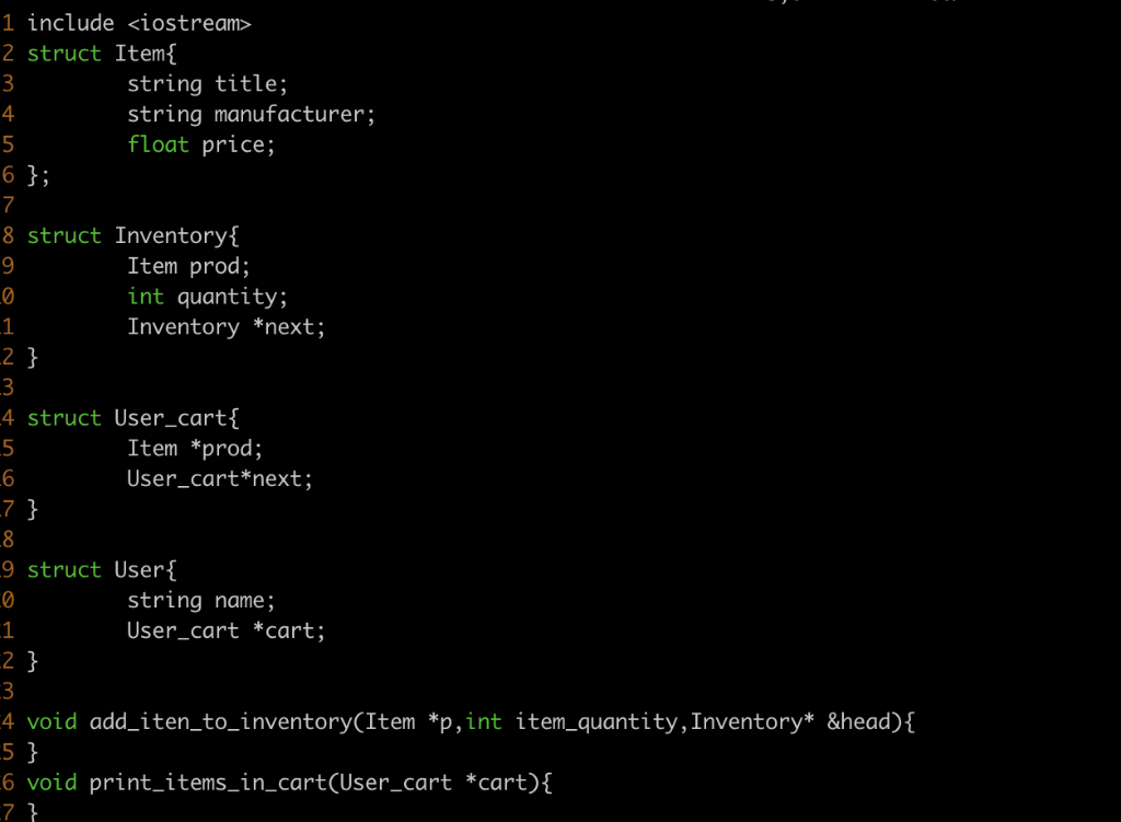 1 include <iostream> 2 struct Item string title; string manufacturer float price; 4 7 8 struct Inventory Item prod; int quant