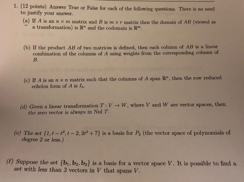 Solved 1 12 Points Answer True Or False For Each Of Th Chegg Com