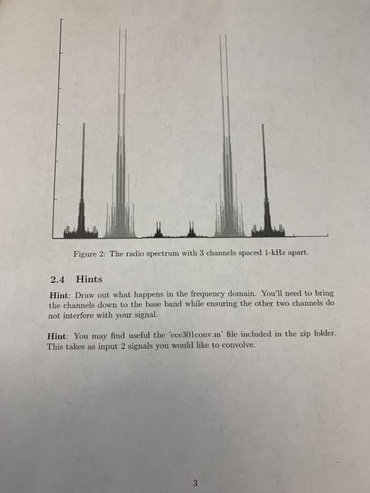 Figure 2: The radio spectrum with 3 channels spaced 1-kHz apart 2.4 Hints Hint: Draw out what happens in the frequency domain