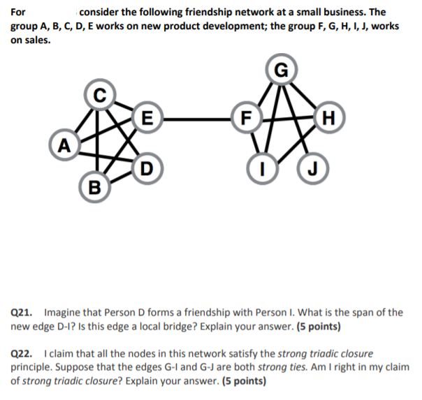 consider the following friendship network at a small business. The For group A, B, C, D, E works on new product development;