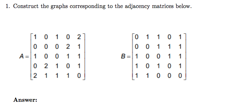 1. Construct the graphs corresponding to the adjacency matrices below. [1 0 1 0 2 0 1 1 0 11 0 0 1 1 1 A=11 001 B-11 0 0 1 1