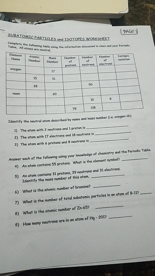 Solved PAGE C PARTICLES and ISOTOPES WORKSHEET Table, All | Chegg.com