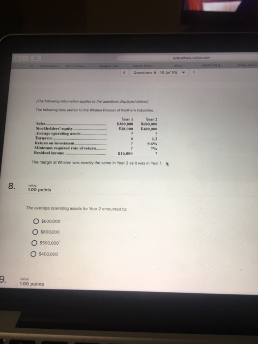 Questions 8-10 (of 10) The fellowing information applies to the questions displayed below The following data pertain to the Whalen Division of Northern Industries Year IYear 2 $300,000 $600,000 538,000 $400,000 Sales Stockholders equity Irerage operating assets Turnever Relurn on investment Minimum required rate of retu Residual income 1.2 9,6% $16,000 The margin at Whaien was exactly the same in Year 2 as it was in Year 1. 1.00 points The average operating assets for Year 2 amounted to O $600,000 O $800,000 O $500,000 O $400.000 9. value 1.00 points