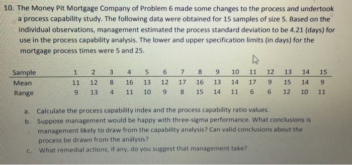 10. The Money Pit Mortgage Company of Problem 6 made some changes to the process and undertook a process capability study. The following data were obtained for 15 samples of size 5. Based on the individual observations, management estimated the process standard deviation to be 4.21 (days) for use in the process capability analysis. The lower and upper specification limits (in days) for the mortgage process times were 5 and 25. Sample Mean Range 1 2 3 4 5 6 7 8 9 10 11 12 13 14 15 11 12 8 16 13 12 17 16 13 14 17 9 15 14 9 9 13 4 11 10 9 8 15 14 11 6 6 12 10 11 Calculate the process capability index and the process capability ratio values. Suppose management would be happy with three-sigma performance. What conclusions is management likely to draw from the capability analysis? Can valid conclusions about the process be drawn from the analysis? What remedial actions, if any, do you suggest that management take? a. b. c.