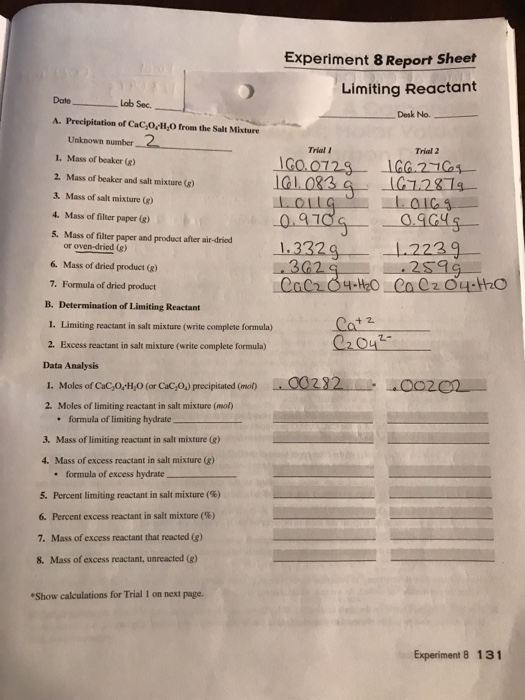 Experiment 8 Report Sheet Limiting Reactant Dato Lab Chegg 