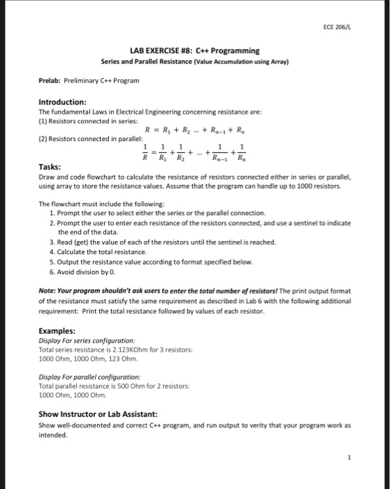 ECE 206/L LAB EXERCISE #8: C++ Programming Series and Parallel Resistance (Value Accumulation using Array) Prelab: Preliminar