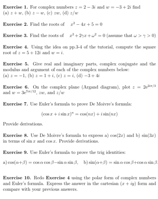 Exercise 1 For Complex Numbers Z 2 31 And W 3 Chegg Com