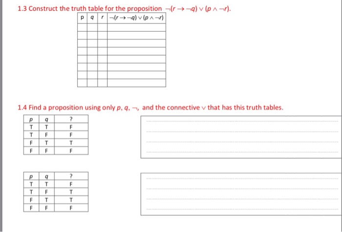 1.3 Construct the truth table for the proposition (rq)v (pA-r) 1.4 Find a proposition using only p,q,-and the connective v that has this truth tables TİT TİT FIF