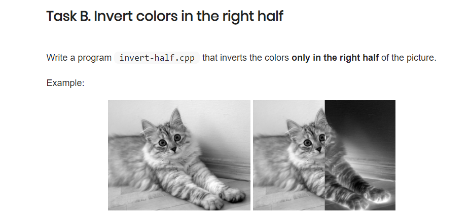 Task B. Invert colors in the right half Write a program invert-half.cpp that inverts the colors only in the right half of the picture. Example